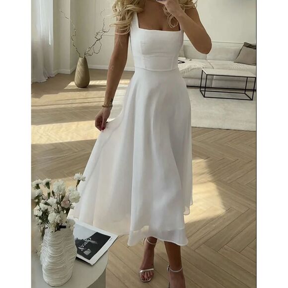 Commense Dresses & Skirts - ⛔️‼️SOLD⛔️‼️ White Square Neck Midi Dress Perfect for Summer Weddings